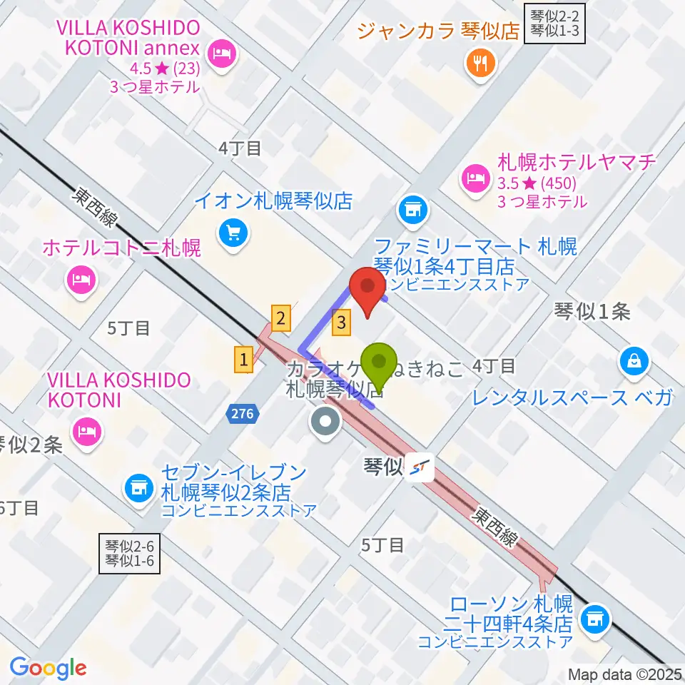 琴似センター ヤマハミュージックの最寄駅琴似駅からの徒歩ルート（約1分）地図