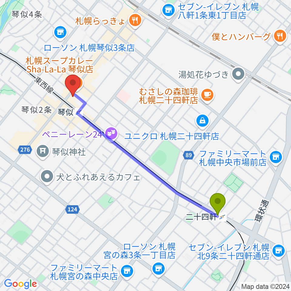 二十四軒駅から琴似センター ヤマハミュージックへのルートマップ地図