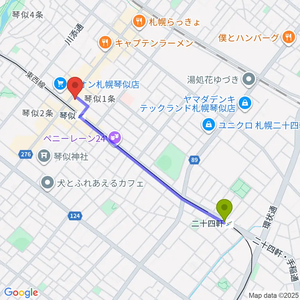 二十四軒駅から琴似センター ヤマハミュージックへのルートマップ地図