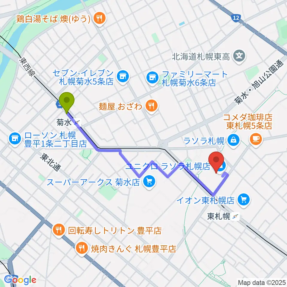 菊水駅から東札幌センター ヤマハミュージックへのルートマップ地図