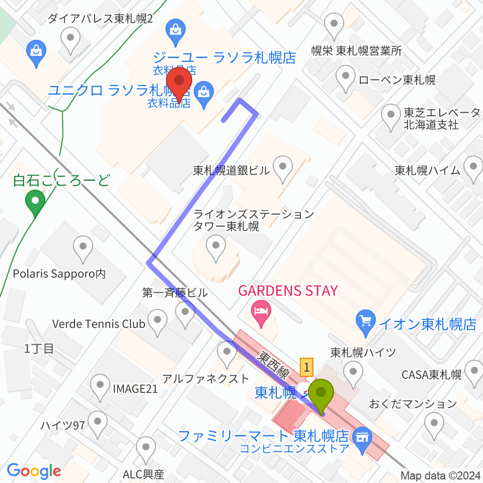 東札幌センター ヤマハミュージックの最寄駅東札幌駅からの徒歩ルート（約5分）地図