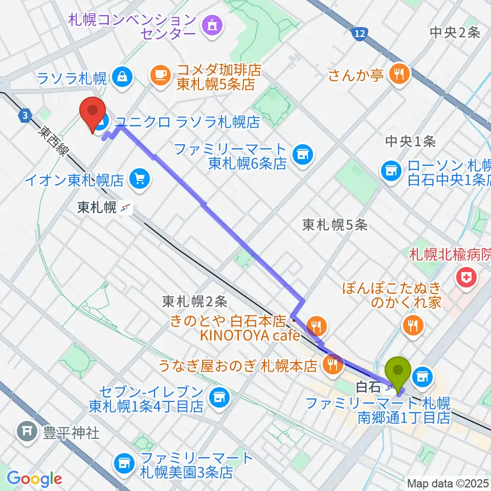 白石駅から東札幌センター ヤマハミュージックへのルートマップ地図