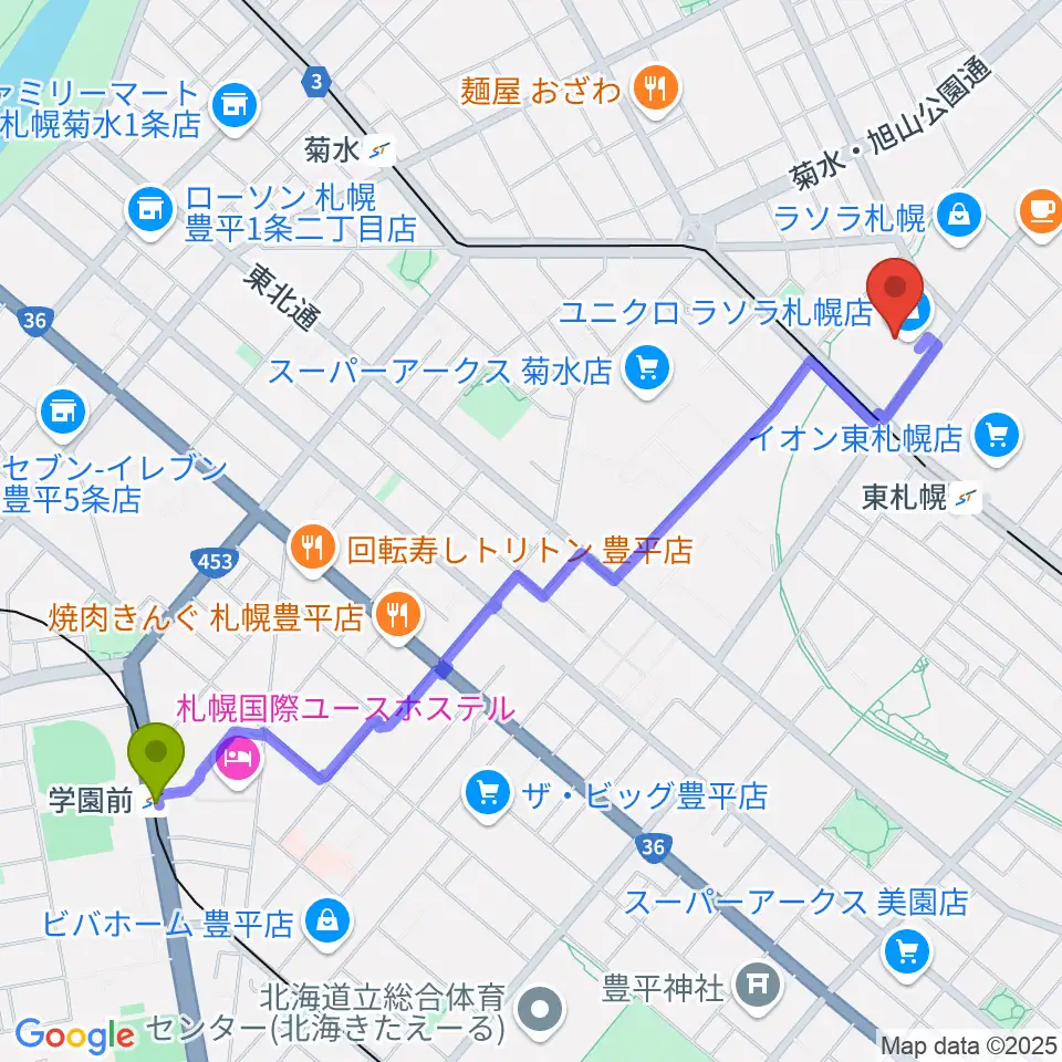 学園前駅から東札幌センター ヤマハミュージックへのルートマップ地図