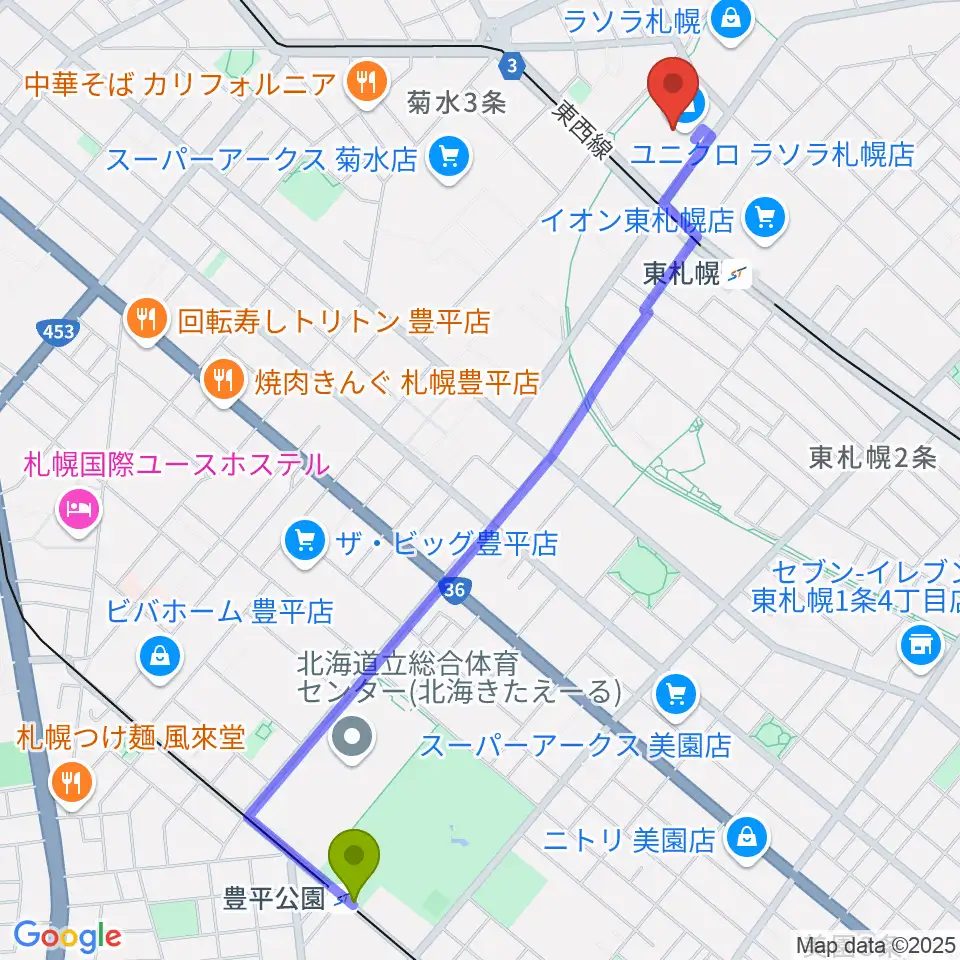豊平公園駅から東札幌センター ヤマハミュージックへのルートマップ地図