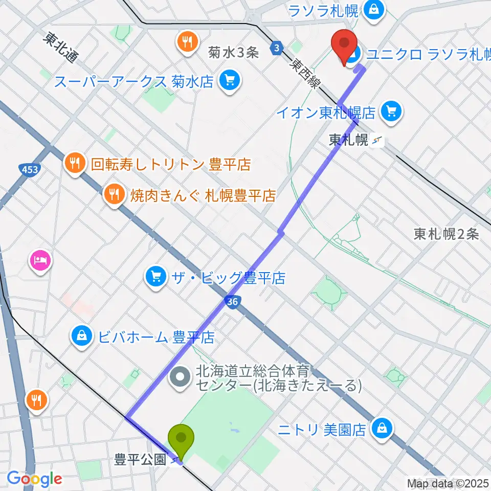 豊平公園駅から東札幌センター ヤマハミュージックへのルートマップ地図