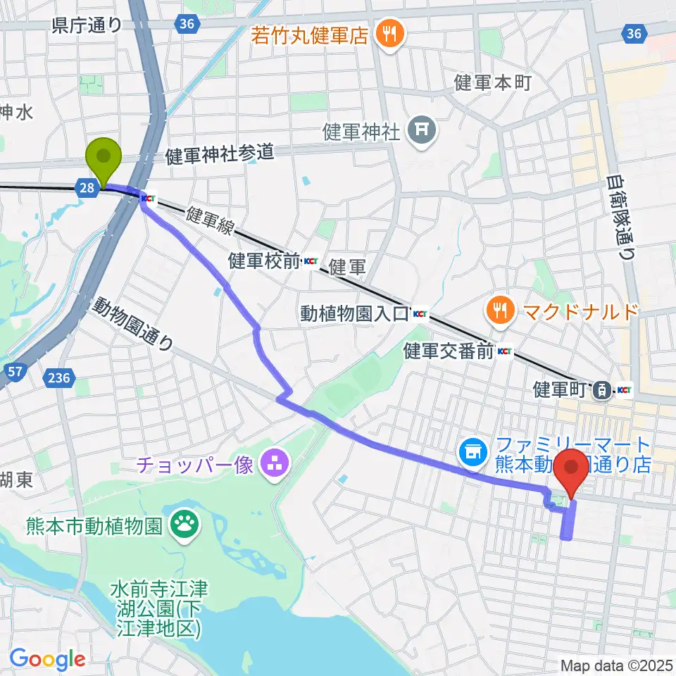 神水交差点駅からカンタービレホールへのルートマップ地図