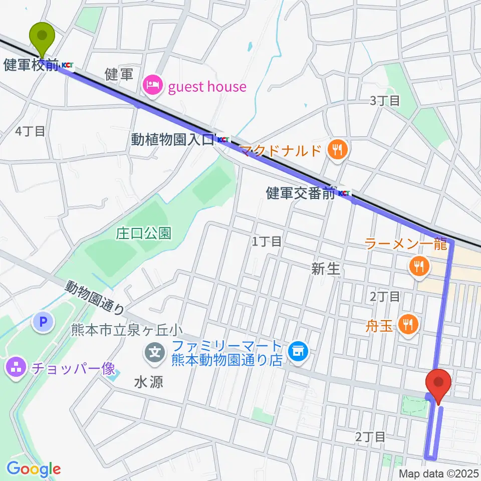 健軍校前駅からカンタービレホールへのルートマップ地図