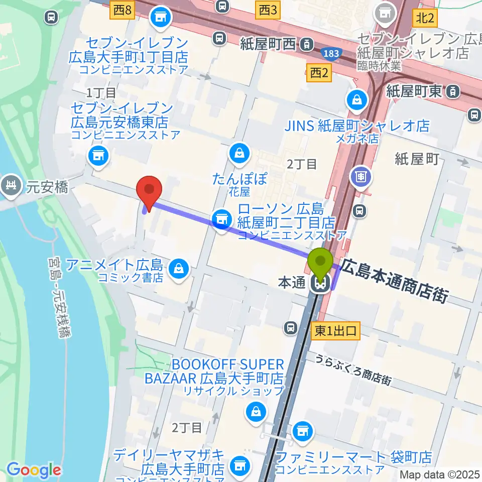 木定楽器店の最寄駅本通駅からの徒歩ルート（約3分）地図