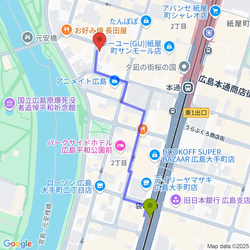 袋町駅から木定楽器店へのルートマップ地図