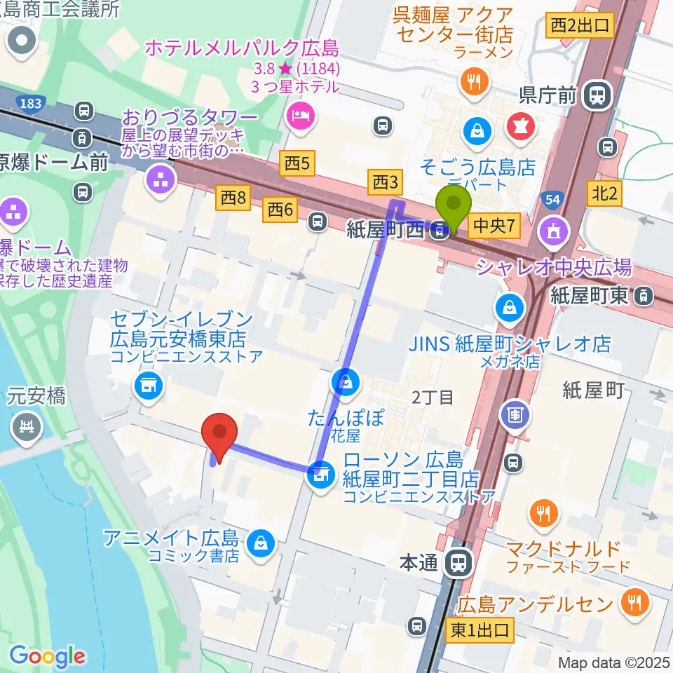 紙屋町西駅から木定楽器店へのルートマップ地図