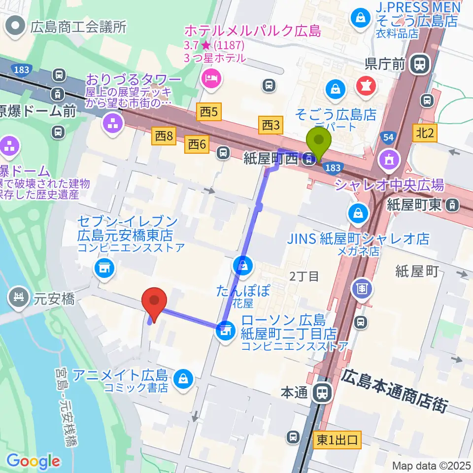 紙屋町西駅から木定楽器店へのルートマップ地図