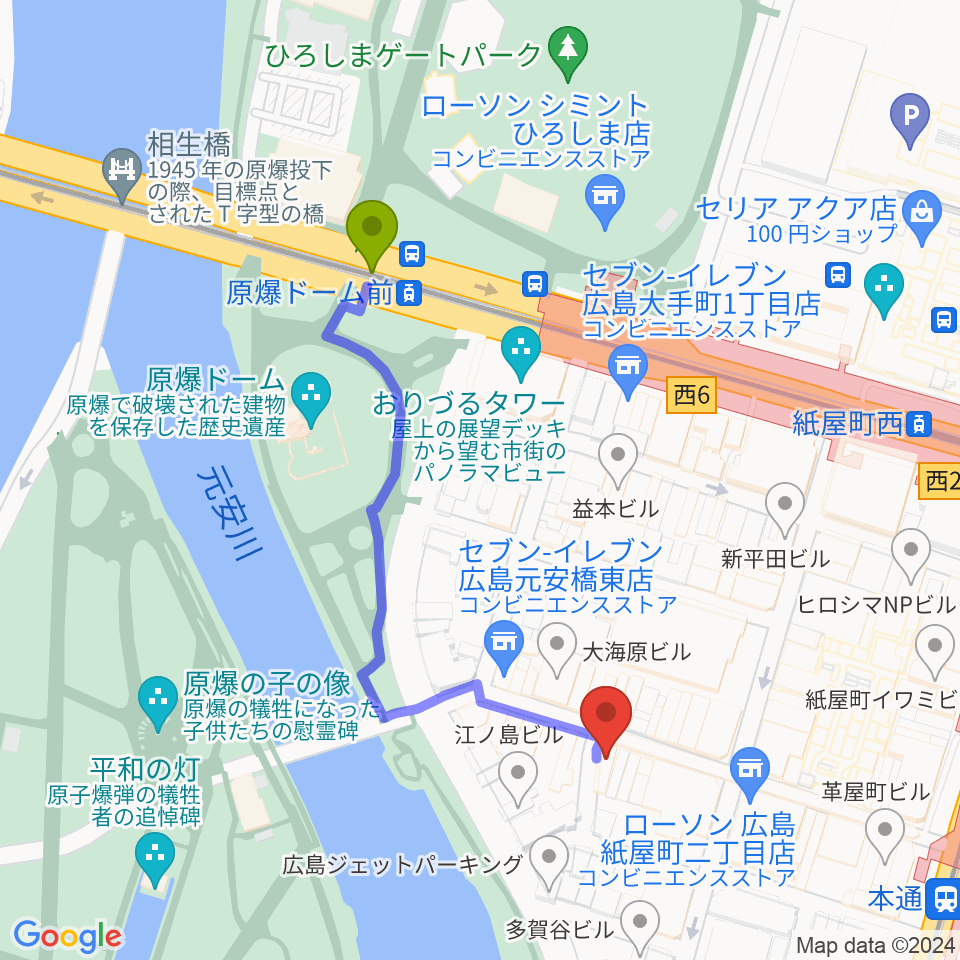 原爆ドーム前駅から木定楽器店へのルートマップ地図