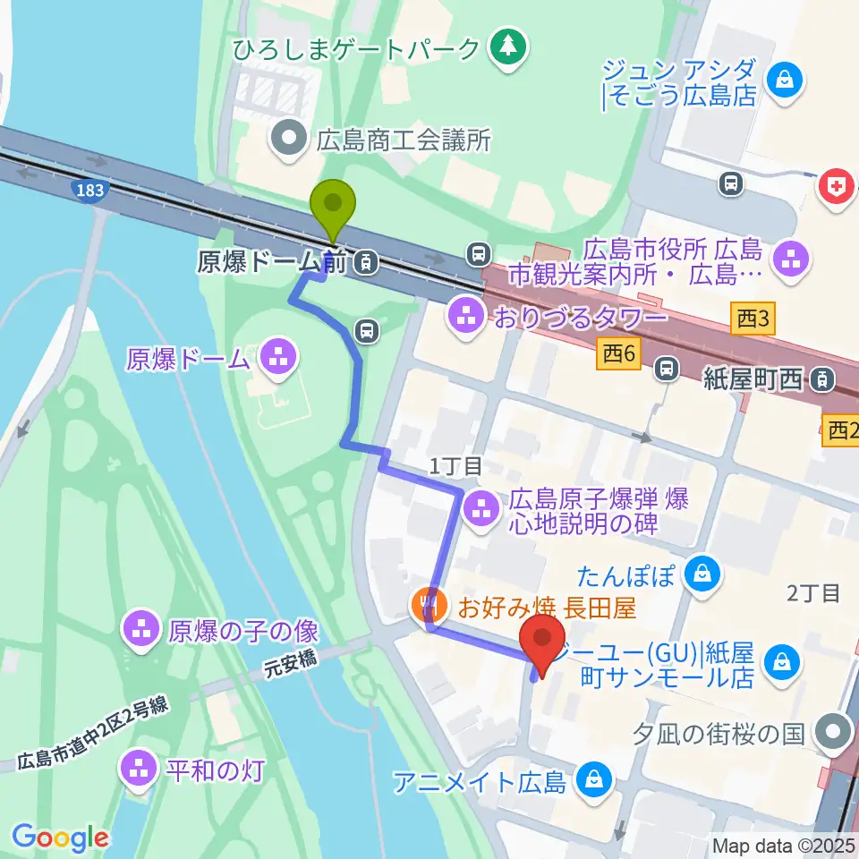 原爆ドーム前駅から木定楽器店へのルートマップ地図