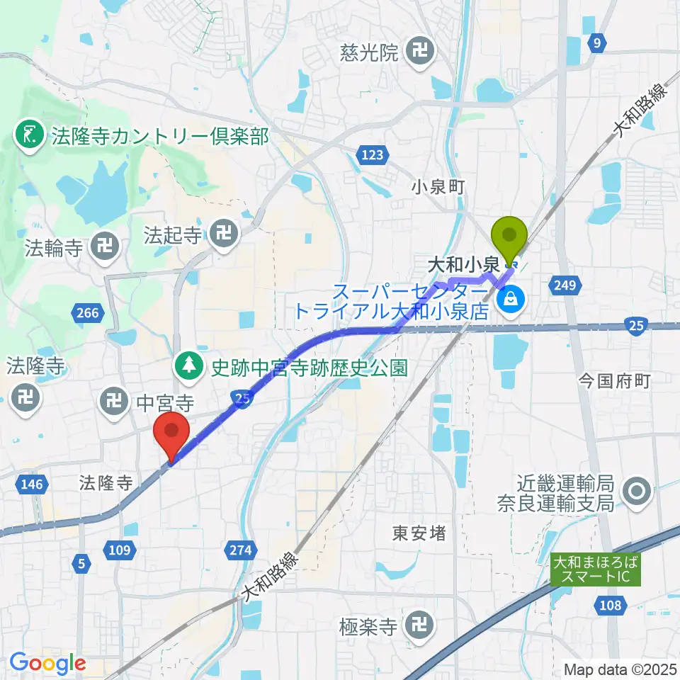 大和小泉駅からピアノ工房ジークレフへのルートマップ地図