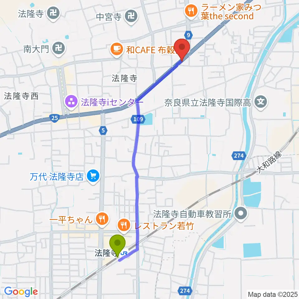 ピアノ工房ジークレフの最寄駅法隆寺駅からの徒歩ルート（約22分）地図