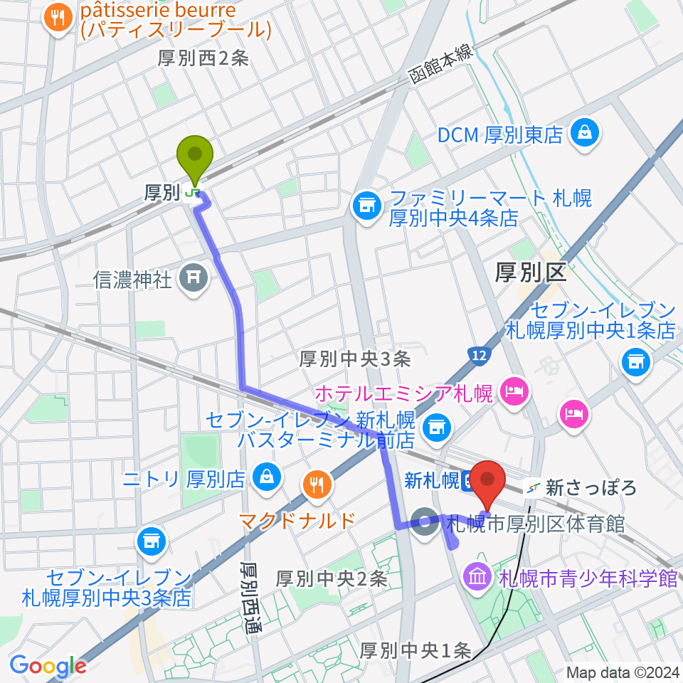 厚別駅からサンピアザセンター ヤマハミュージックへのルートマップ地図