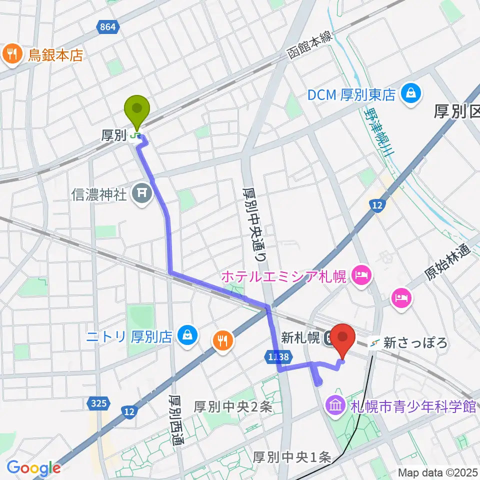 厚別駅からサンピアザセンター ヤマハミュージックへのルートマップ地図