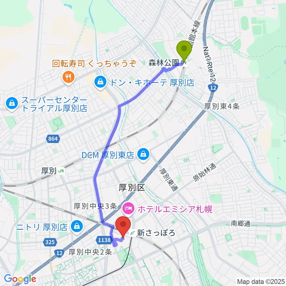 森林公園駅からサンピアザセンター ヤマハミュージックへのルートマップ地図