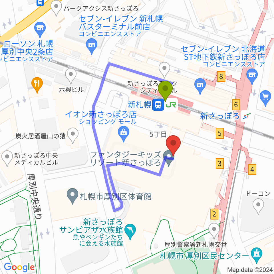 サンピアザセンター ヤマハミュージックの最寄駅新札幌駅からの徒歩ルート（約1分）地図