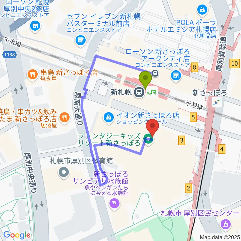 サンピアザセンター ヤマハミュージックの最寄駅新札幌駅からの徒歩ルート（約1分）地図