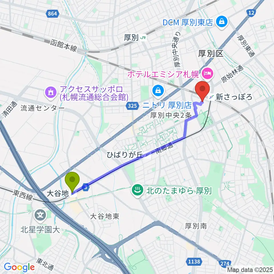 大谷地駅からサンピアザセンター ヤマハミュージックへのルートマップ地図