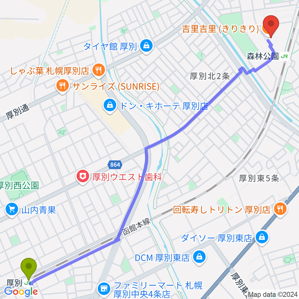 厚別駅から森林公園音楽センター ヤマハミュージックへのルートマップ地図