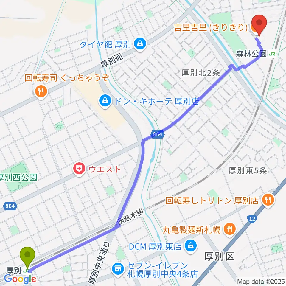 厚別駅から森林公園音楽センター ヤマハミュージックへのルートマップ地図