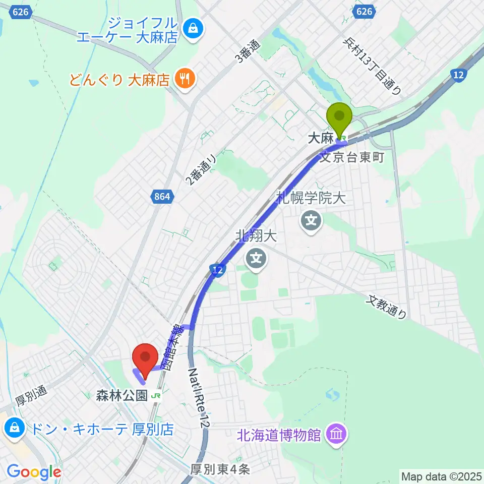 大麻駅から森林公園音楽センター ヤマハミュージックへのルートマップ地図