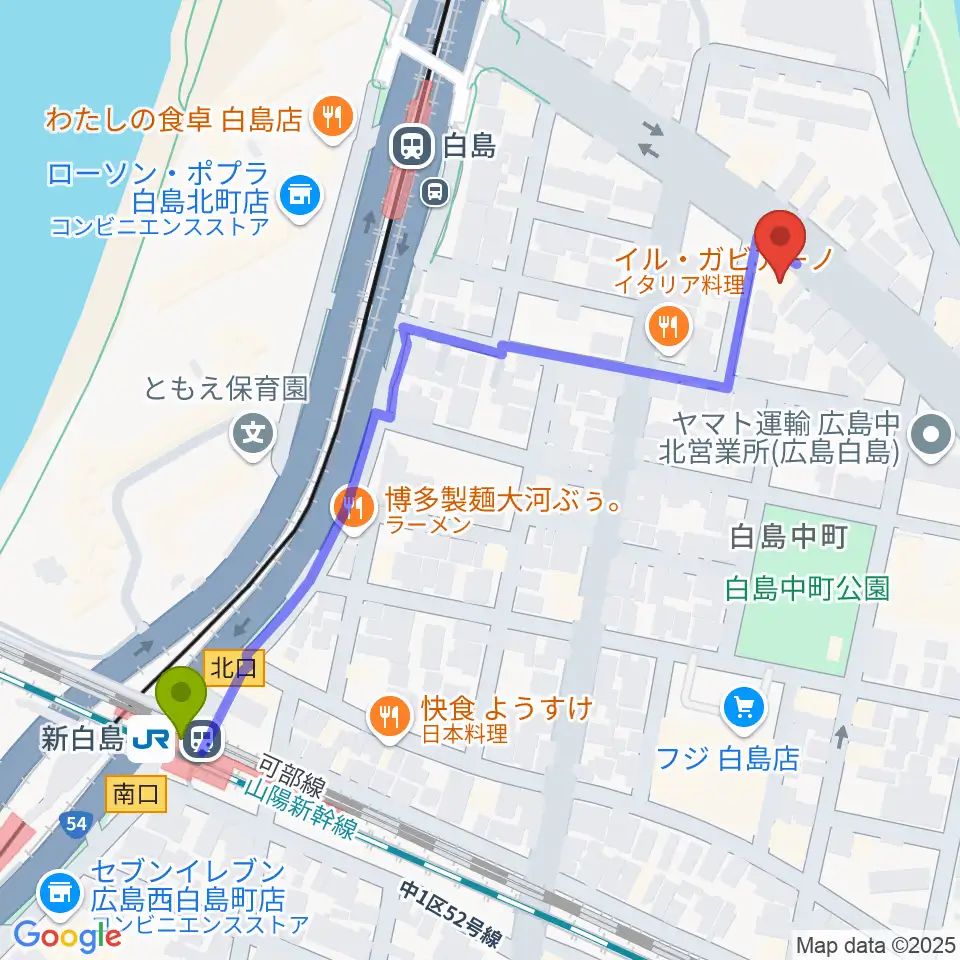 新白島駅から昌和楽器音楽教室へのルートマップ地図