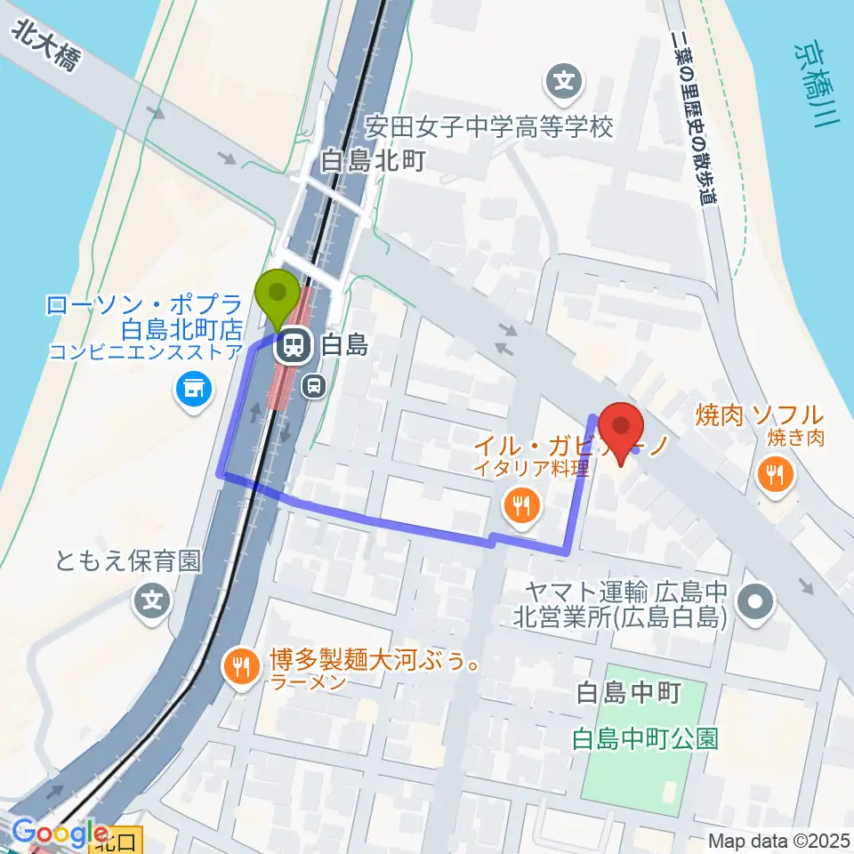 昌和楽器音楽教室の最寄駅白島駅からの徒歩ルート（約3分）地図