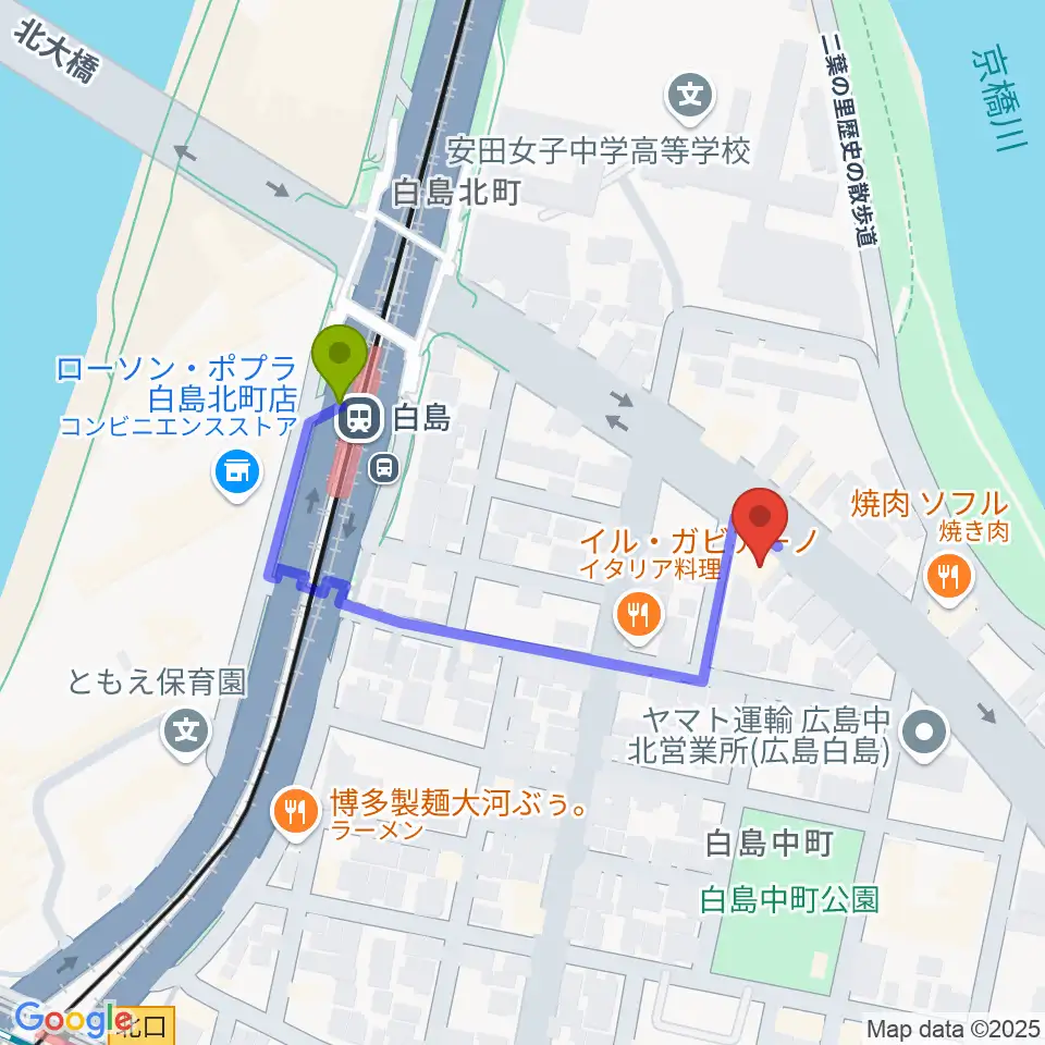 昌和楽器音楽教室の最寄駅白島駅からの徒歩ルート（約3分）地図