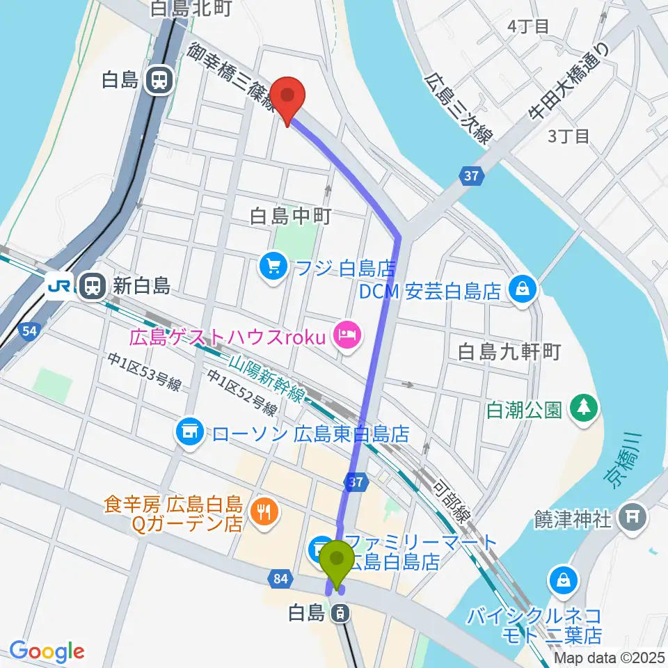 白島駅から昌和楽器音楽教室へのルートマップ地図