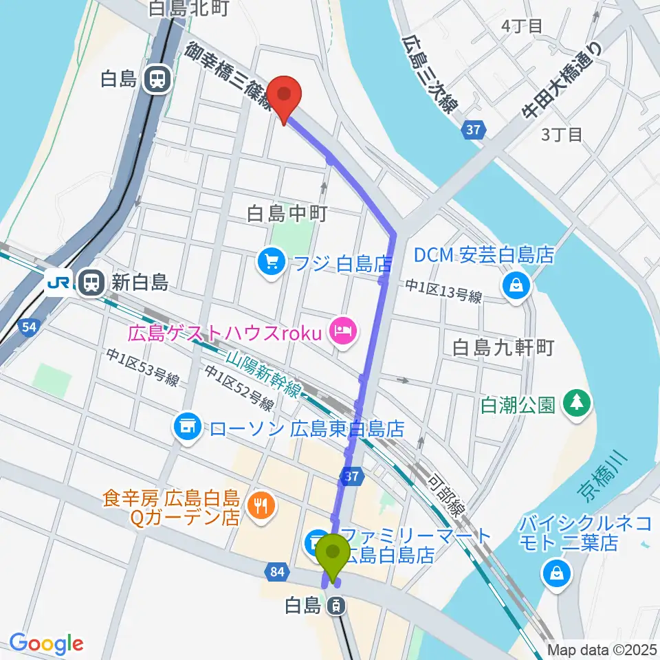 白島駅から昌和楽器音楽教室へのルートマップ地図