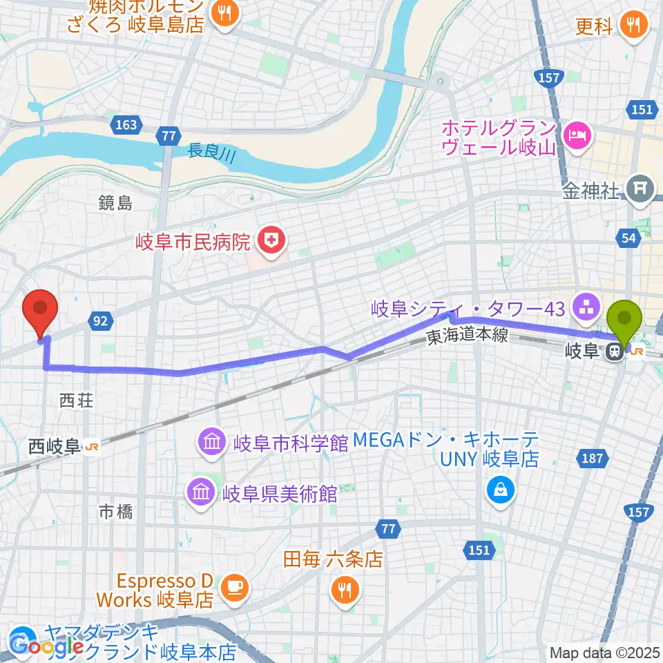 岐阜駅からミュージックハウスフレンズへのルートマップ地図