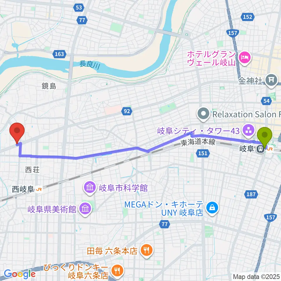 岐阜駅からミュージックハウスフレンズへのルートマップ地図