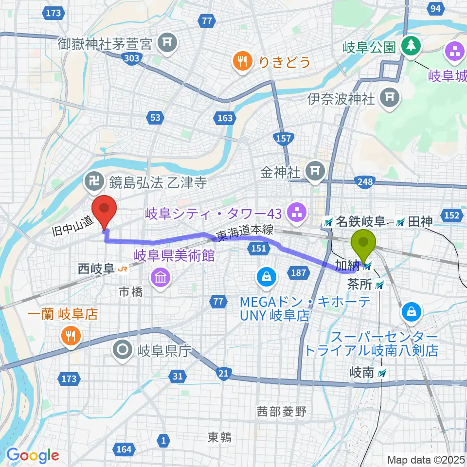 加納駅からミュージックハウスフレンズへのルートマップ地図