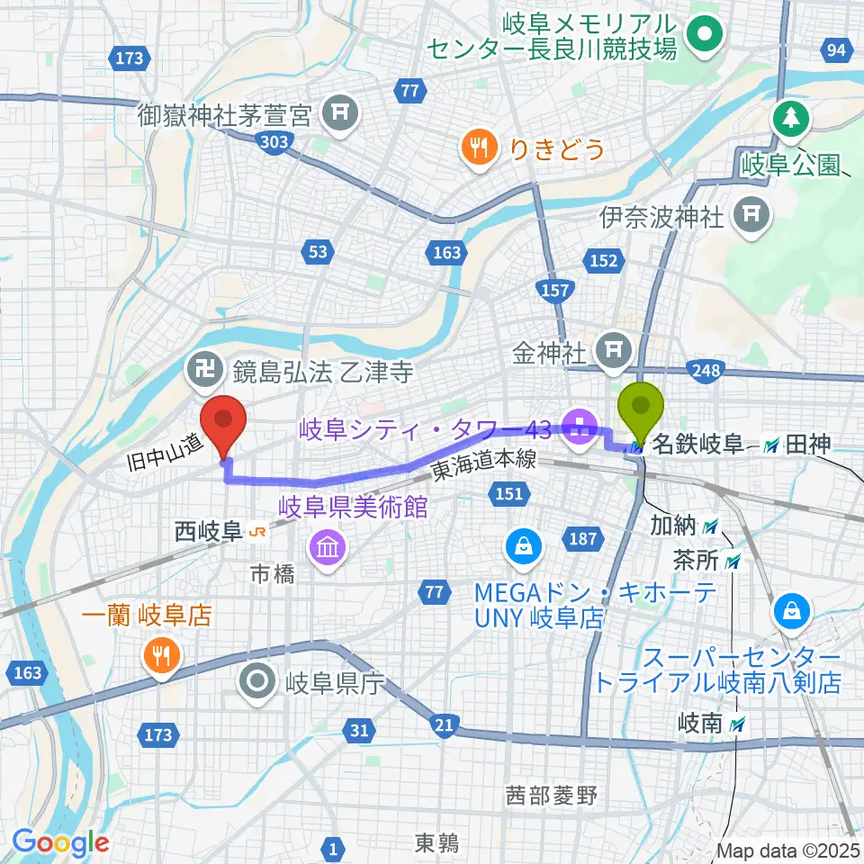名鉄岐阜駅からミュージックハウスフレンズへのルートマップ地図