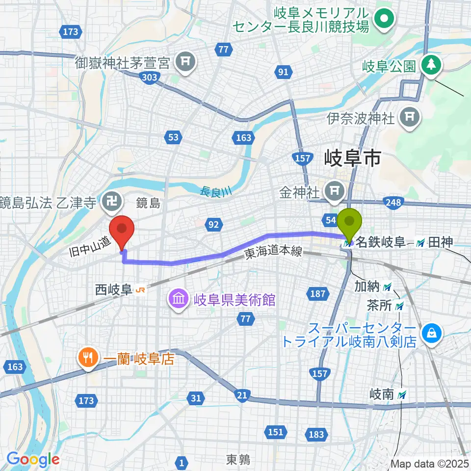 名鉄岐阜駅からミュージックハウスフレンズへのルートマップ地図