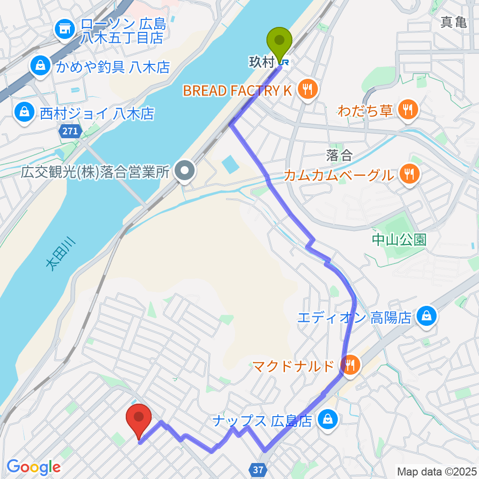 玖村駅からミュージックウィング広島音楽教室へのルートマップ地図