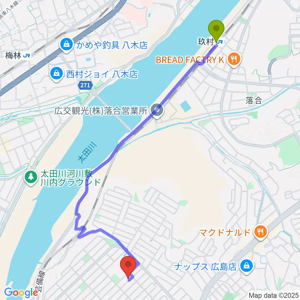 玖村駅からミュージックウィング広島音楽教室へのルートマップ地図
