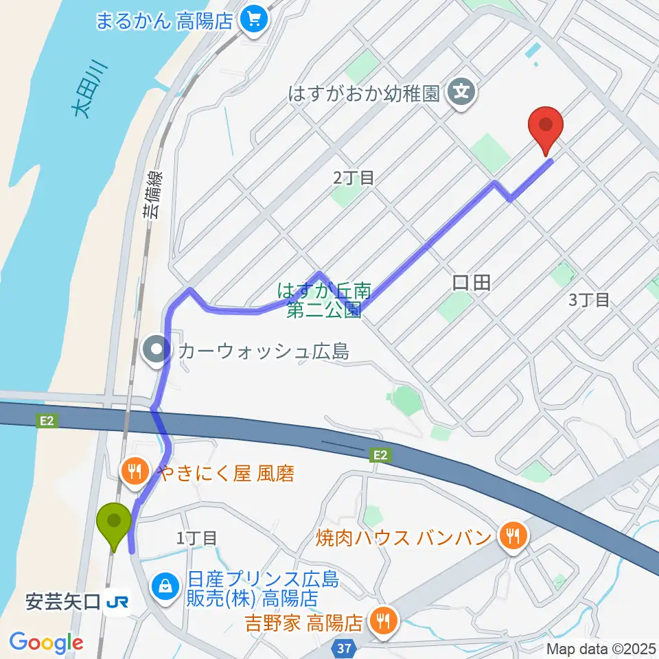 ミュージックウィング広島音楽教室の最寄駅安芸矢口駅からの徒歩ルート（約14分）地図