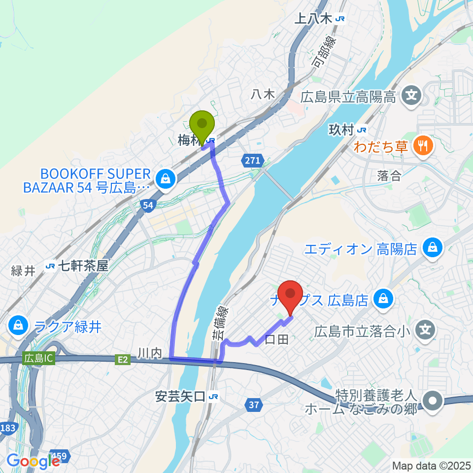 梅林駅からミュージックウィング広島音楽教室へのルートマップ地図