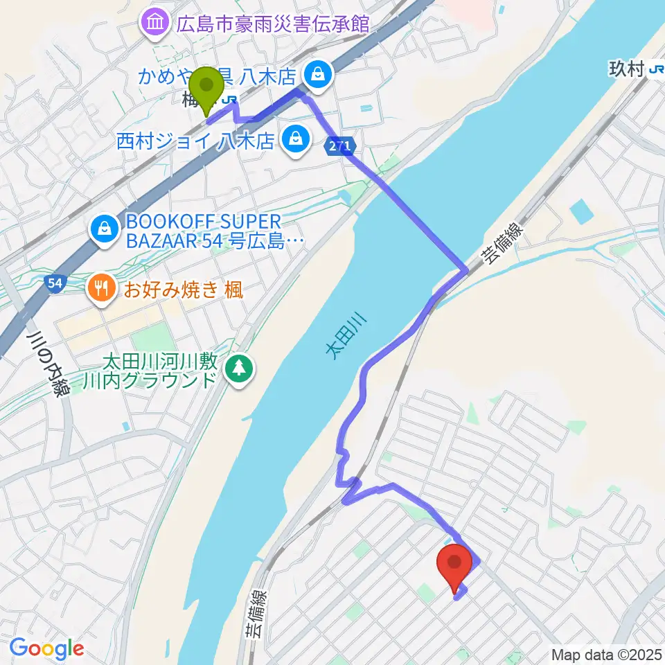 梅林駅からミュージックウィング広島音楽教室へのルートマップ地図