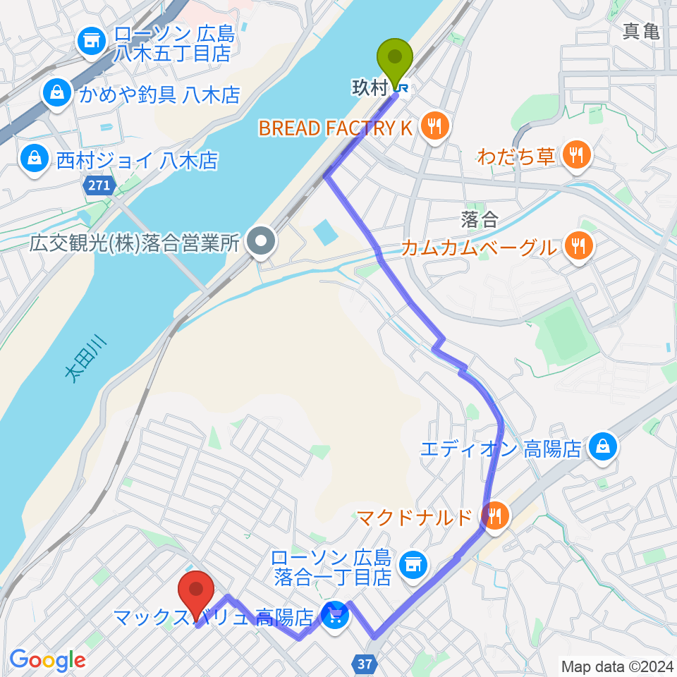 玖村駅からリトミック研究センター広島第一支局へのルートマップ地図