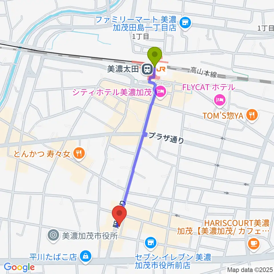 加茂ブラザーミュージックセンターの最寄駅美濃太田駅からの徒歩ルート（約9分）地図