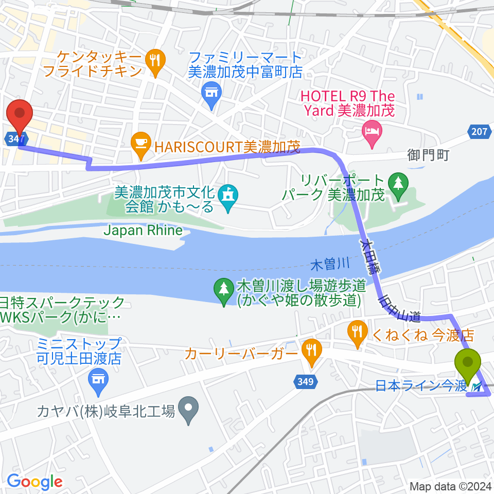 日本ライン今渡駅から加茂ブラザーミュージックセンターへのルートマップ地図