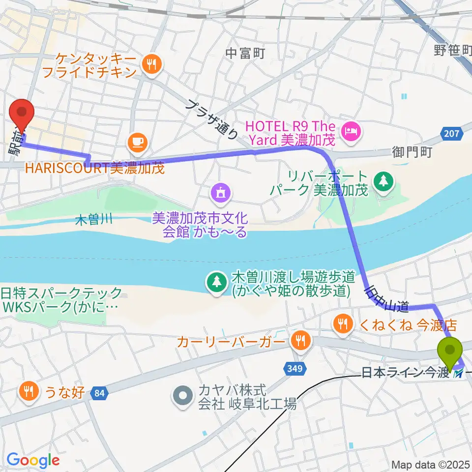 日本ライン今渡駅から加茂ブラザーミュージックセンターへのルートマップ地図