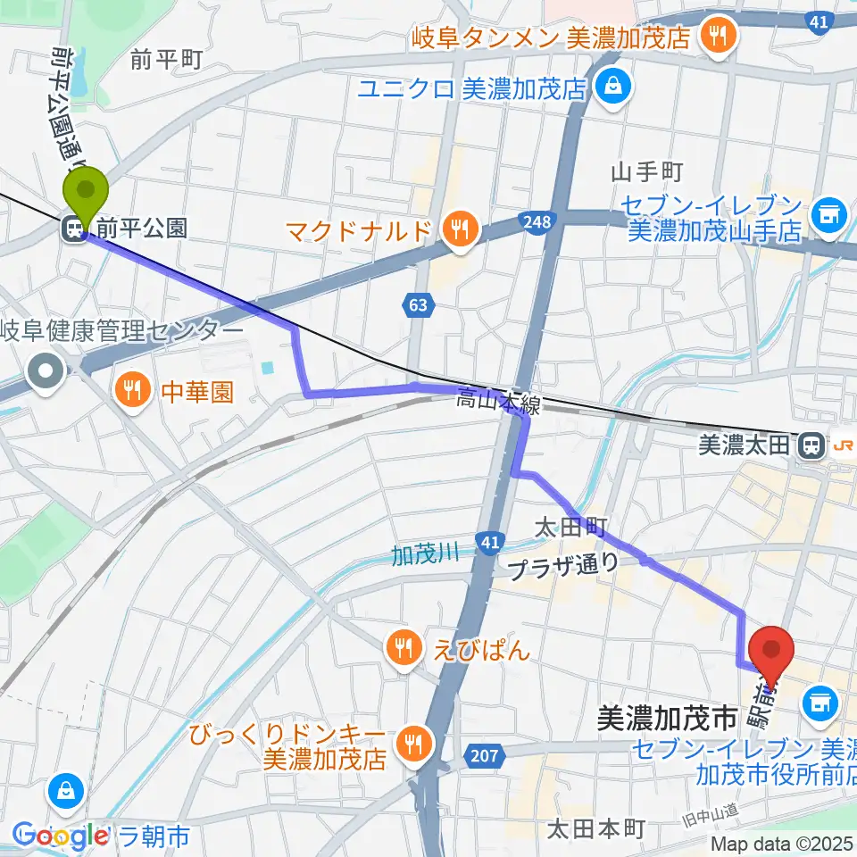 前平公園駅から加茂ブラザーミュージックセンターへのルートマップ地図