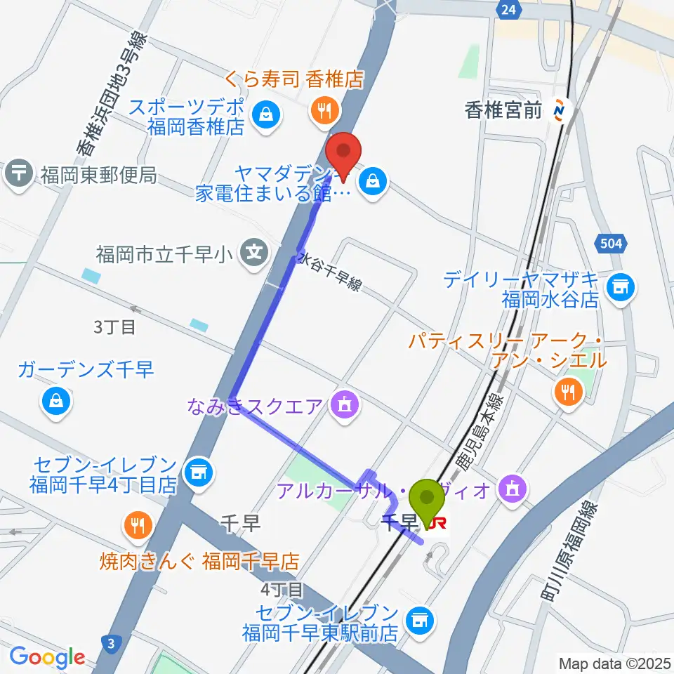 千早駅からミュージックメイト福岡へのルートマップ地図