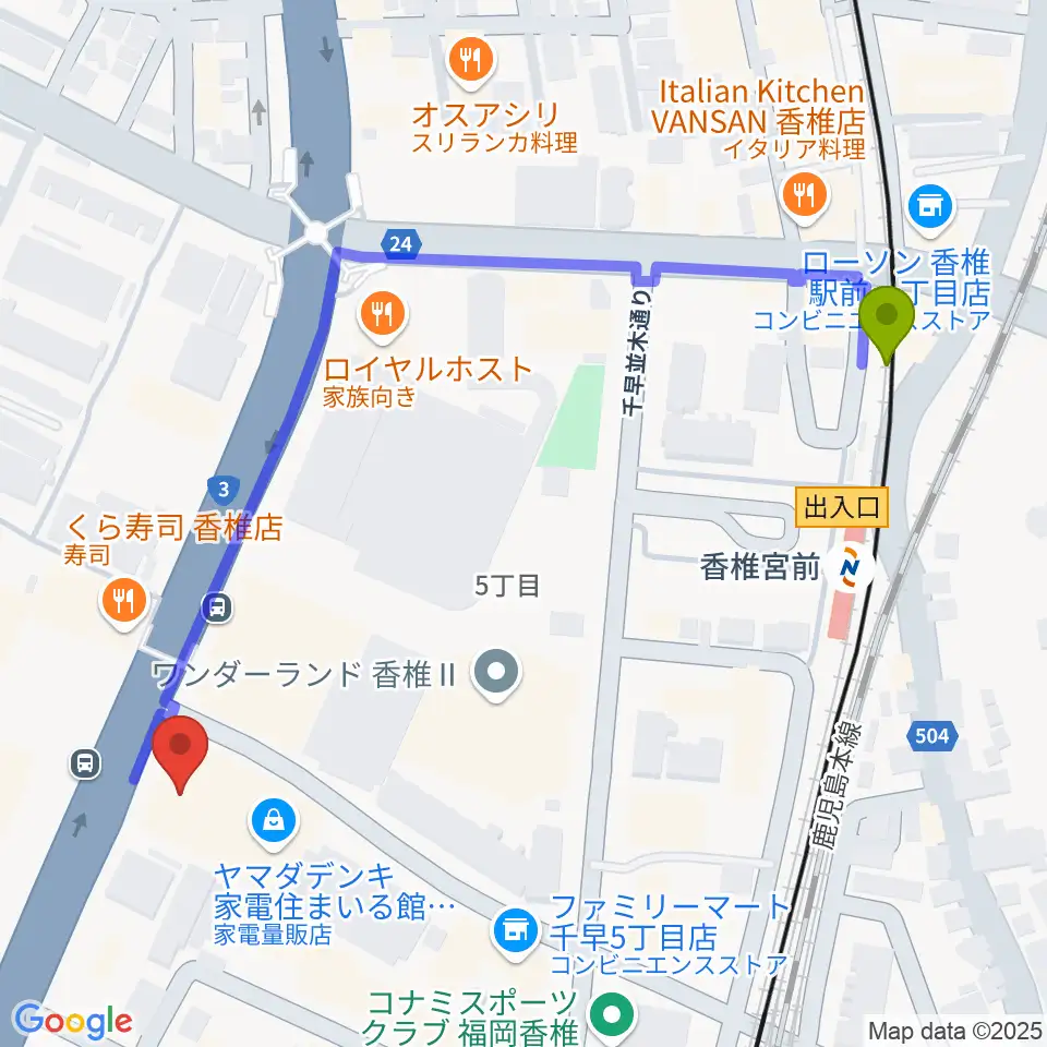 ミュージックメイト福岡の最寄駅香椎宮前駅からの徒歩ルート（約6分）地図